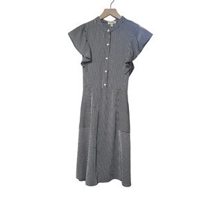 Monteau Navy and White Striped Dress, L, front pockets, flutter sleeves Coastal